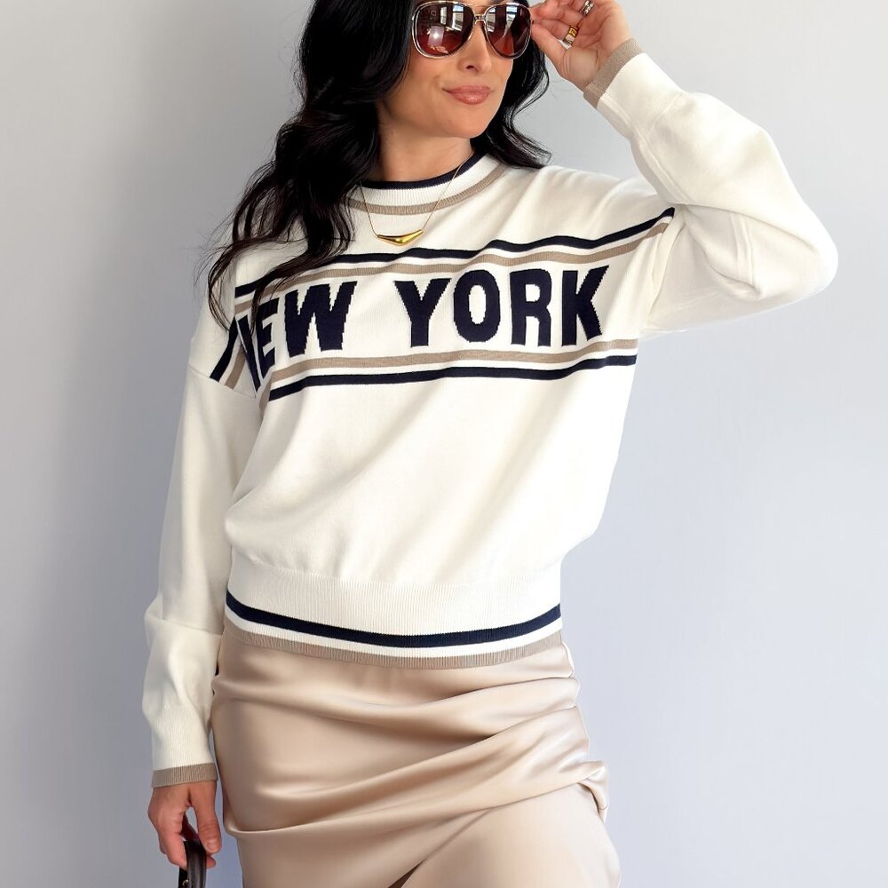 Women’s New York Varsity Knit Sweater – Ivory & Navy